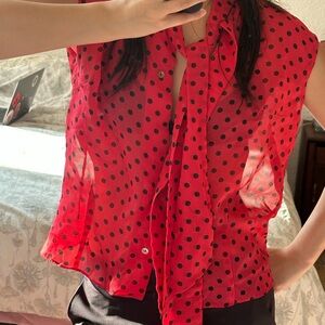 Red Polka Dot Tie-Neck Sleeveless Blouse